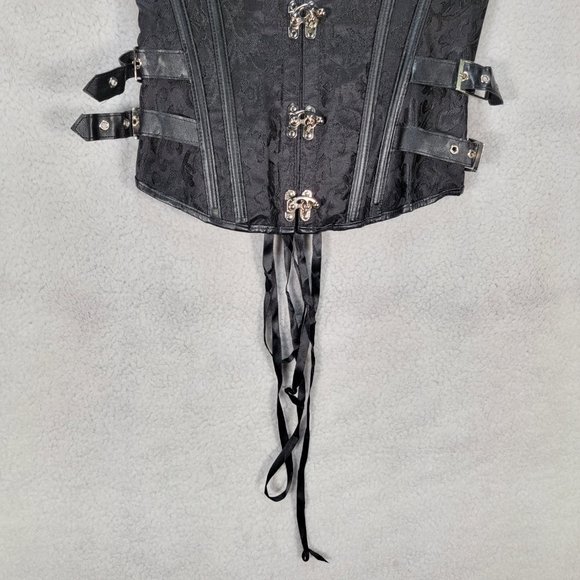 Black Floral Satin Gothic Strapless Steampunk Buckle Lace Up Sexy Bustier Corset - Picture 6 of 15